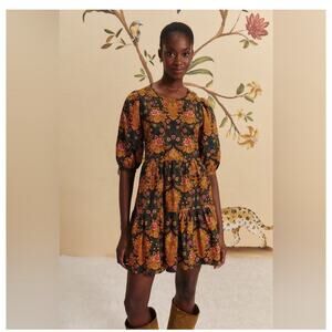 Farm Rio Arabesque Floral Mini Dress Puff Sleeve Black Yellow Size Large